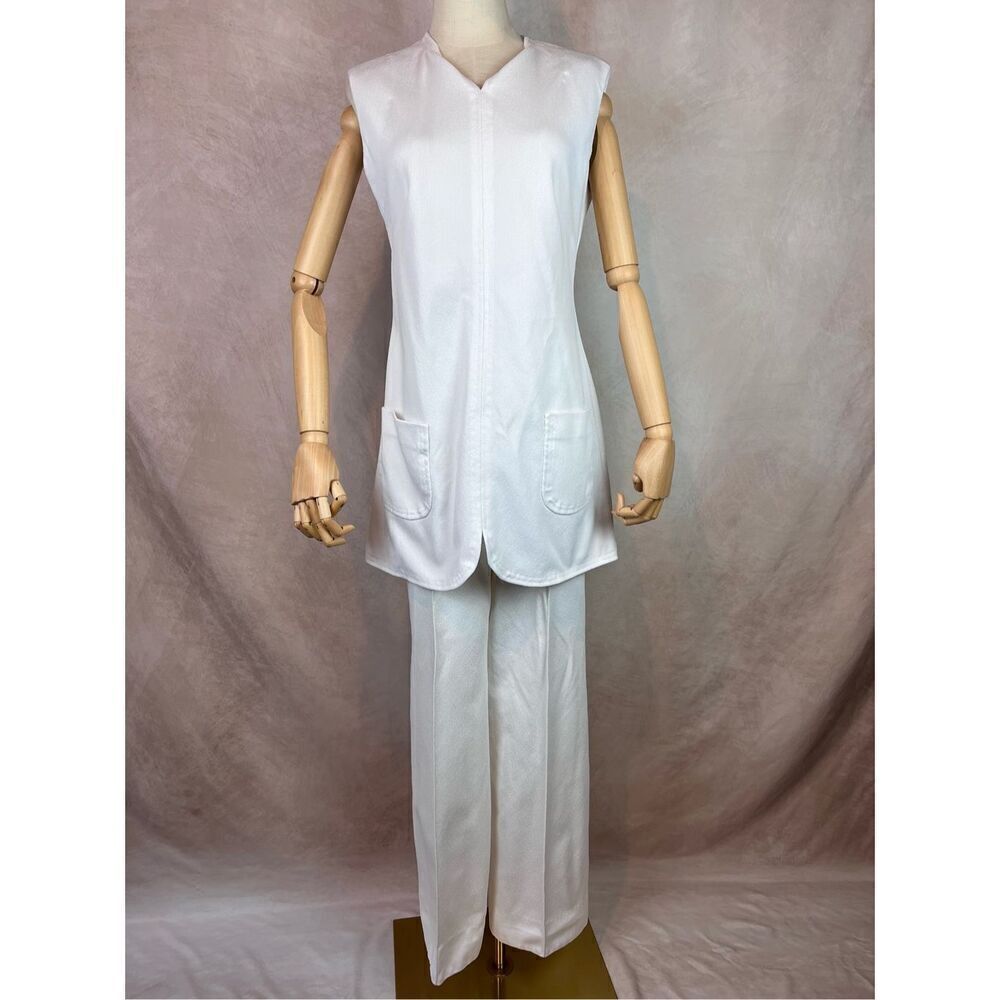 Vintage 1960s 70s Pantsuit White 2 Piece Set Polyester MCM Mod